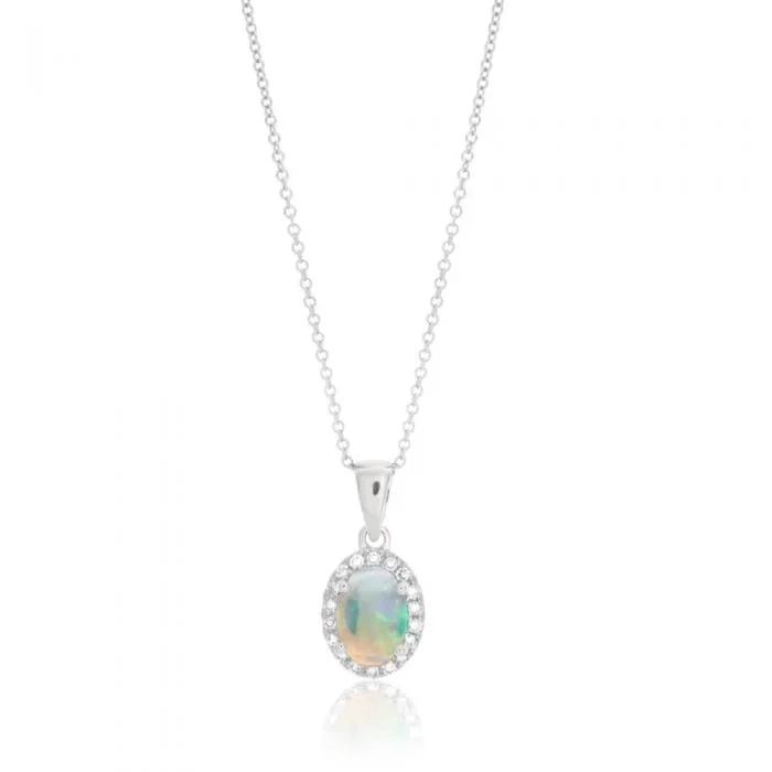 9ct White Gold 0.45ct Natural White Opal and Diamond Halo Pendant on 45cm Chain