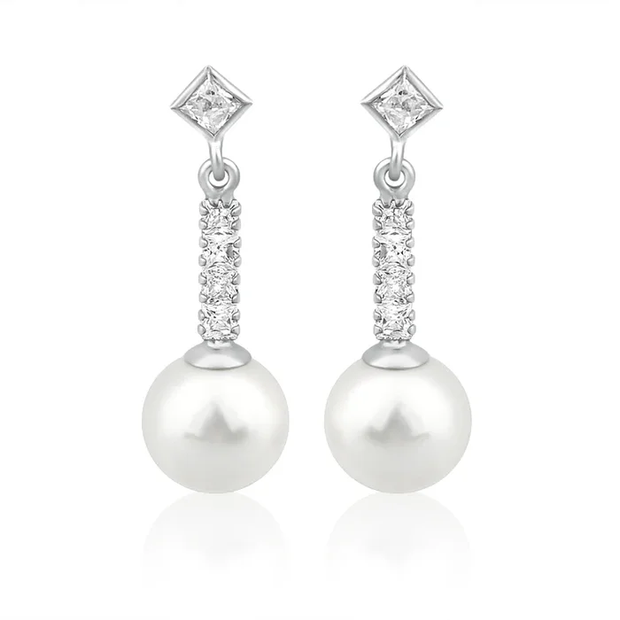 9ct White Gold Cubic Zirconia + Pearl Drop Earrings