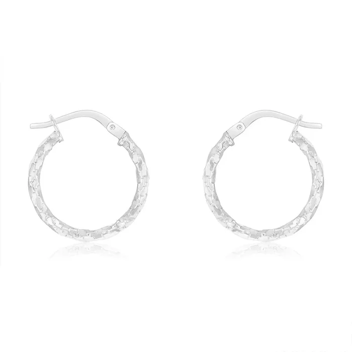 9ct White Gold Silver-Filled Fancy Twisted 15mm Hoop Earrings