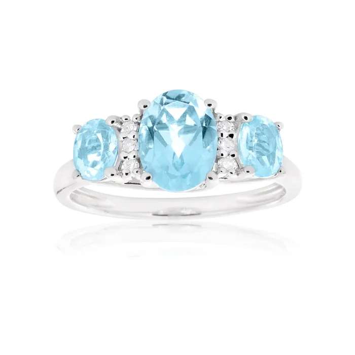 9ct White Gold Sky Blue Topaz & Diamond Trilogy Ring