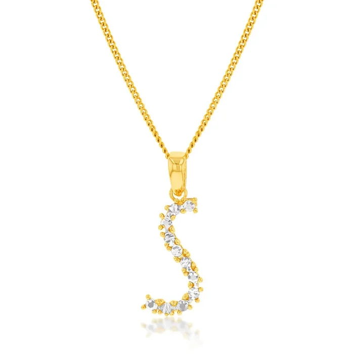 9ct Yellow And White Gold Two Tone Diamond Cut Initial “S” Pendant