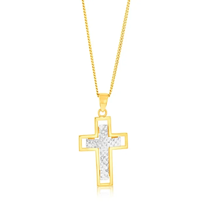 9ct Yellow And White Two-Tone Gold Diamond Cut 20mm X 15mm Cross Pendant
