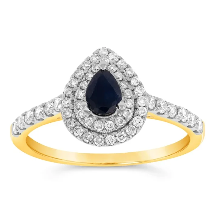 9ct Yellow Gold 0.30ct Natural Black Sapphire and 1/3ct Diamond Double Halo Pear Ring