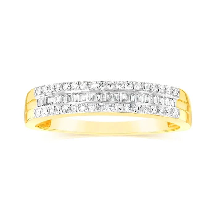 9ct Yellow Gold 1/3 Carat Diamond Ring with Channel Set Baguettes and Claw Set Round Brilliant Side Diamonds