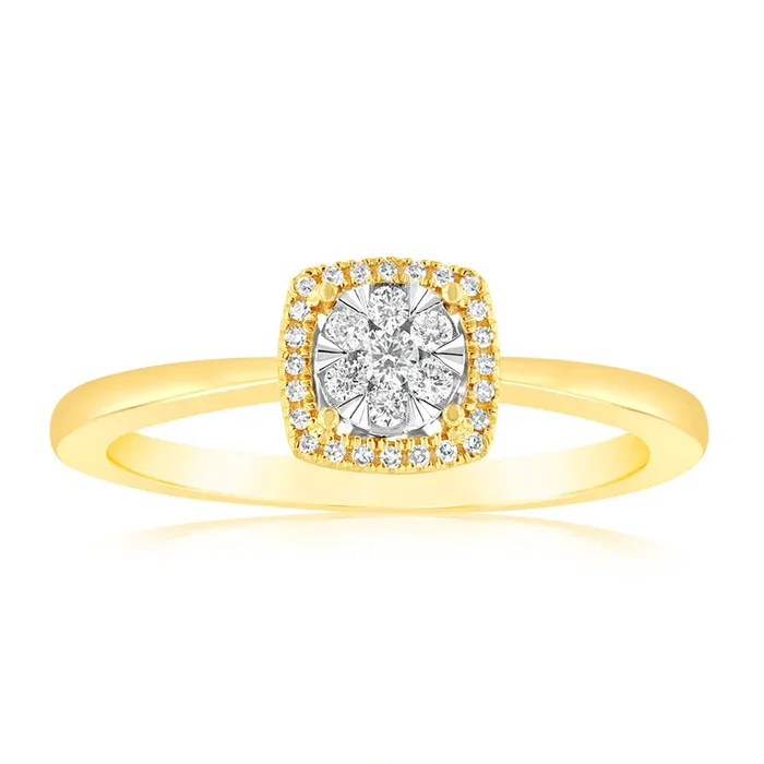 9ct Yellow Gold 1/6 Carat Diamond Cluster Halo Ring