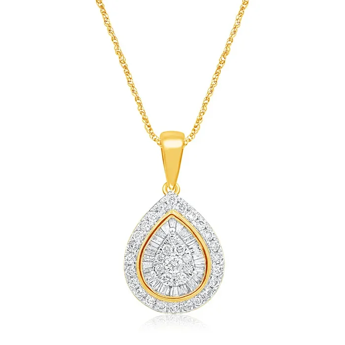 9ct Yellow Gold 1 Carat Diamond Pear Shape Pendant with 62 Diamonds on 9ct 45cm Chain