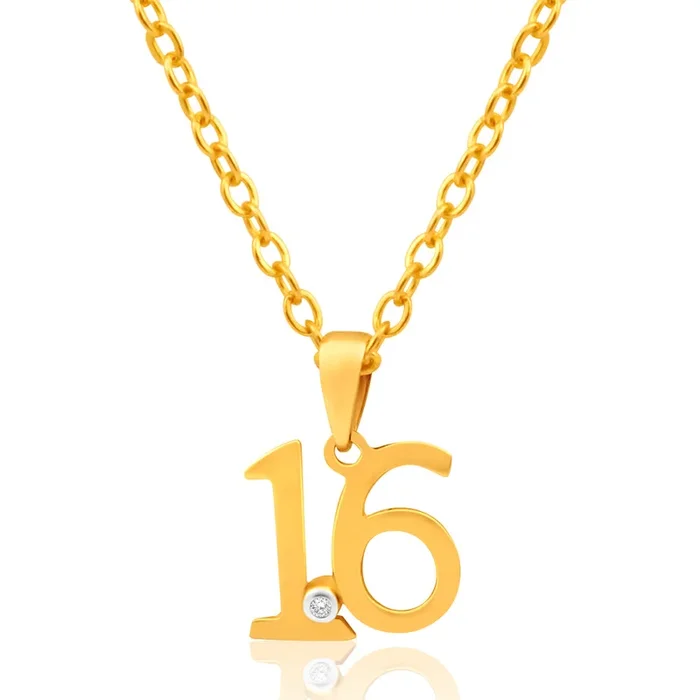 9ct Yellow Gold “16” Pendant Set With 1 Diamond