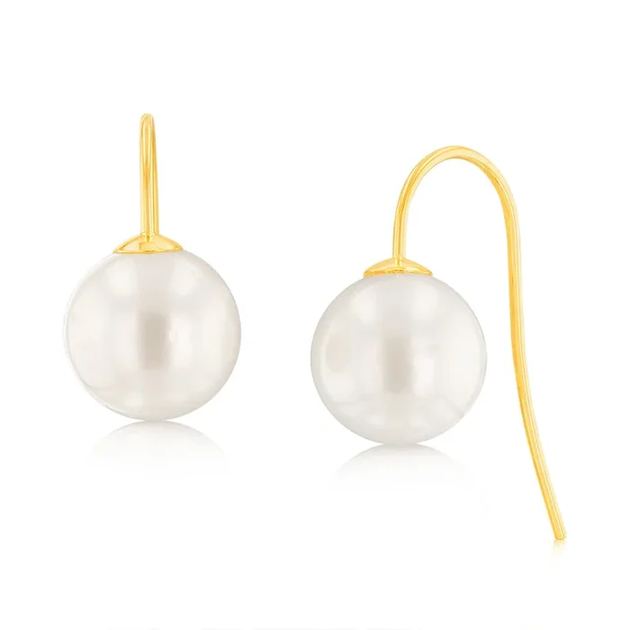 9ct Yellow Gold 9-11mm White South Sea Hook Drop Earrings