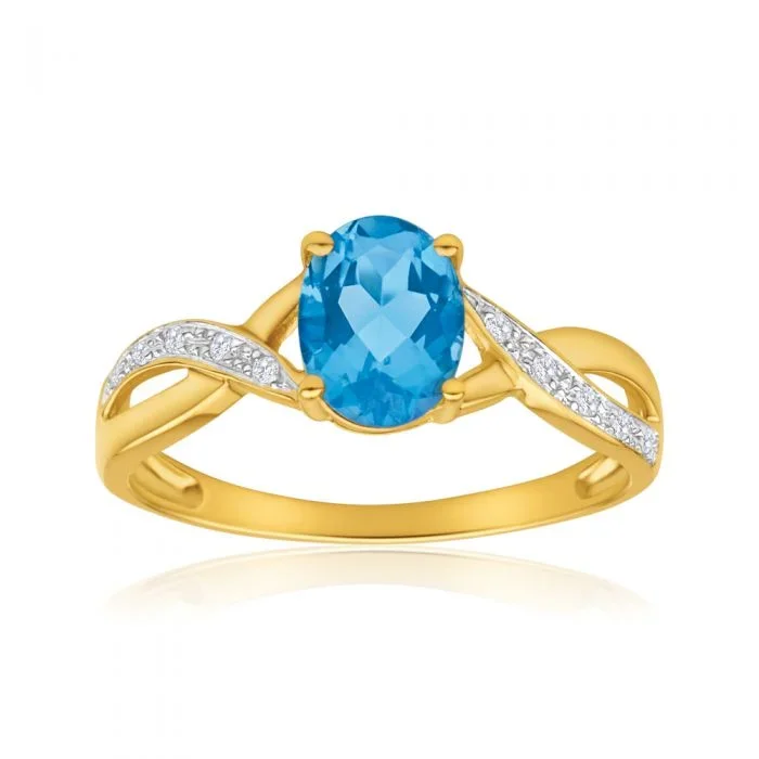 9ct Yellow Gold Blue Topaz and Diamond Cross Over Ring