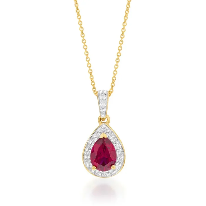 9ct Yellow Gold Created Ruby 0.15 Carat Diamond Pear Halo Pendant on 45cm Chain