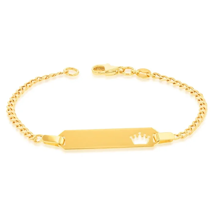 9ct Yellow Gold Crown Cut Out On ID Curb 14cm ‘Baby’ Bracelet