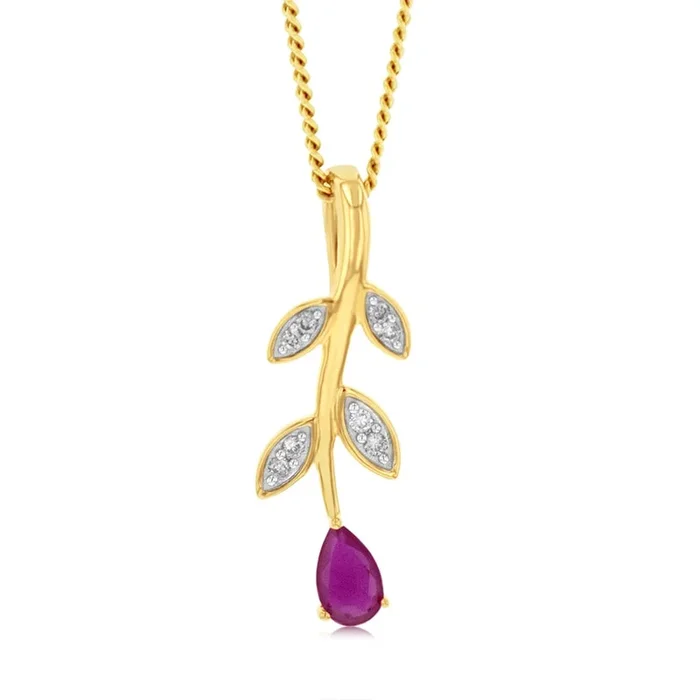 9ct Yellow Gold Diamond And Created Pear Ruby Pendant