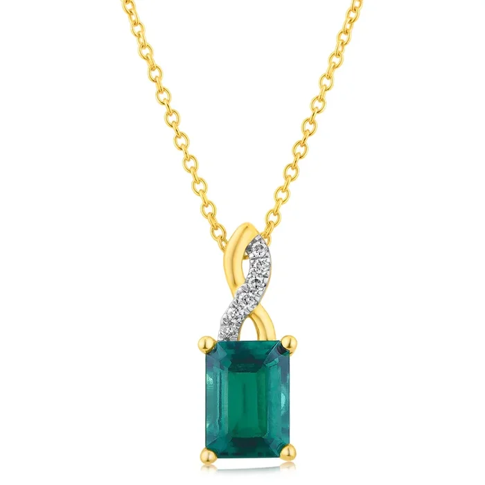 9ct Yellow Gold Diamond And Created Rectangle Pendant With Chain