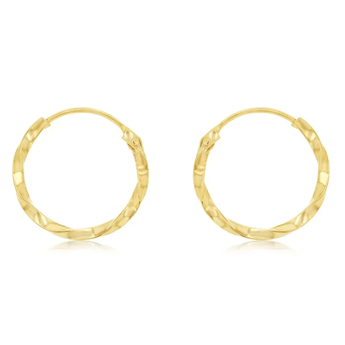 9ct Yellow Gold Diamond Cut Twisted 1.25 x 12mm Sleeper Hoop Earrings