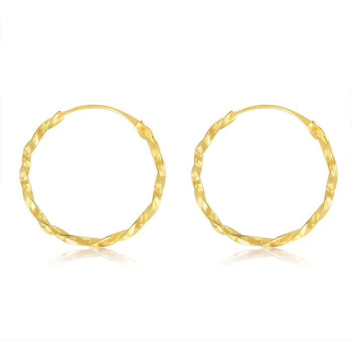 9ct Yellow Gold Diamond Cut Twisted 1.25 X 18mm Sleeper Hoop Earrings