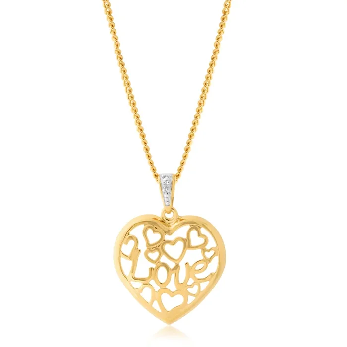 9ct Yellow Gold Diamond Love & Hearts Pendant with 1 Brilliant Cut Diamond