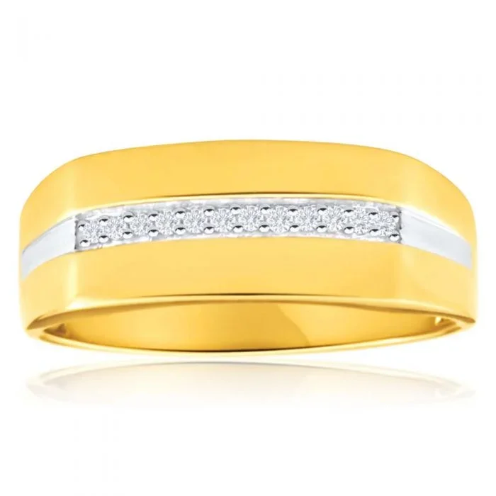 9ct Yellow Gold Diamond Mens Ring with 10 Brilliant Diamonds