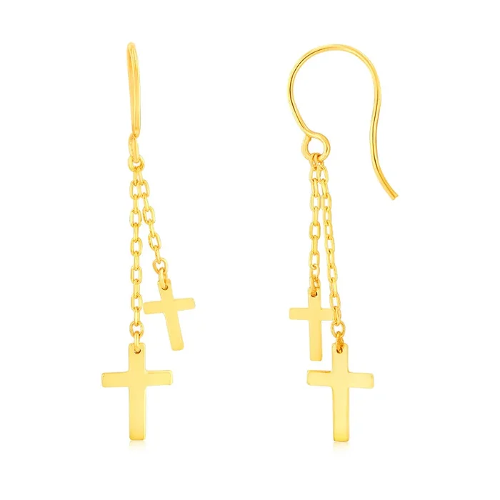 9ct Yellow Gold Double Cross On Chain Hook Earrings