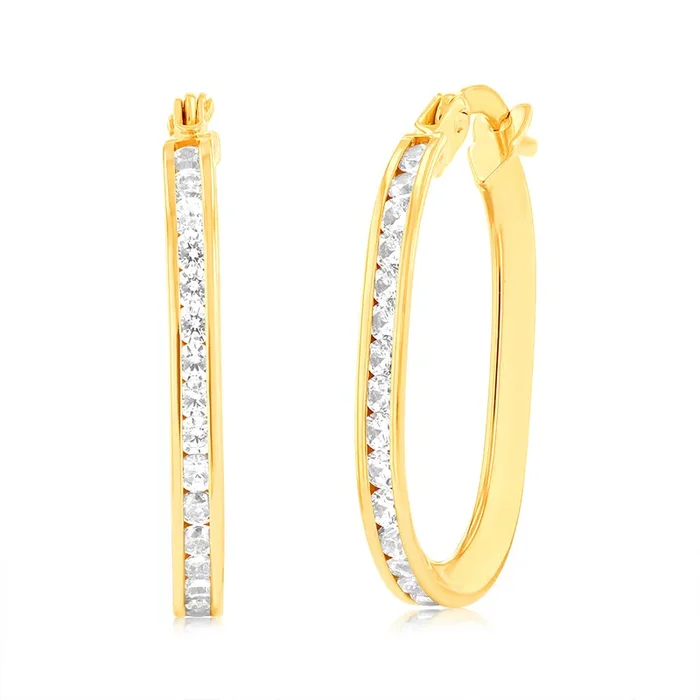 9ct Yellow Gold Double Side Zirconia Elongated Hoop Earrings
