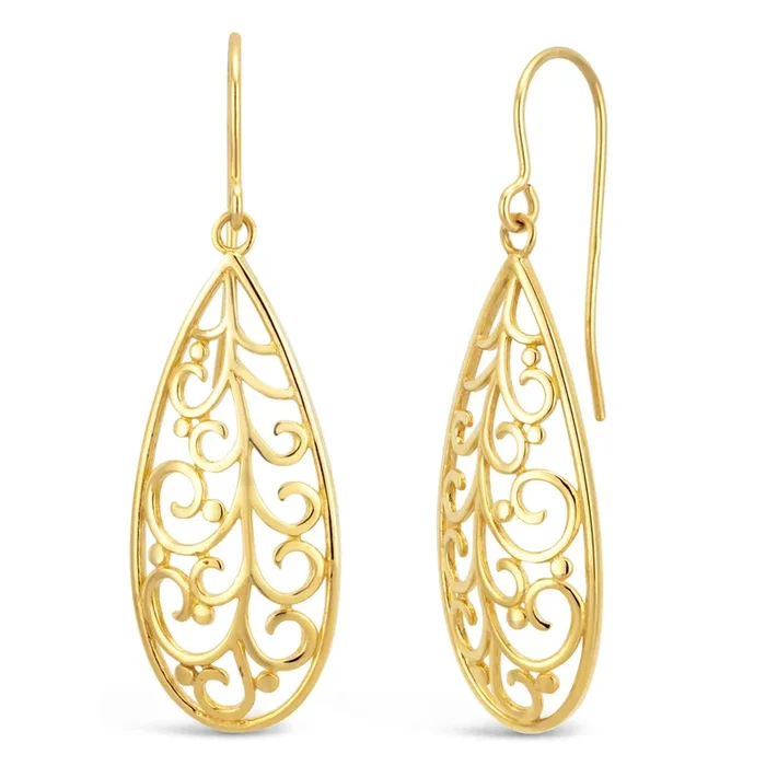 9ct Yellow Gold Filligree Patterned Drop Hook Earrings