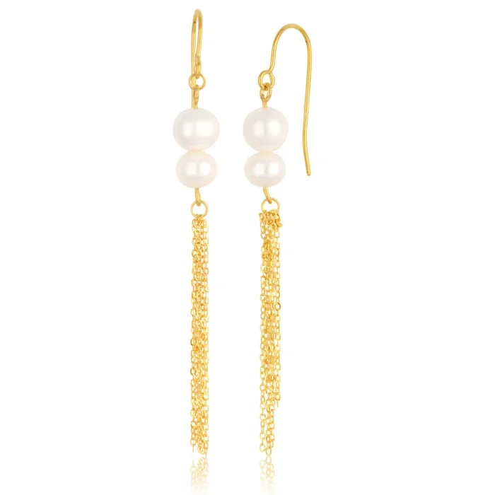 9ct Yellow Gold Freshwater Double Pearl Tassle Drop Earrings