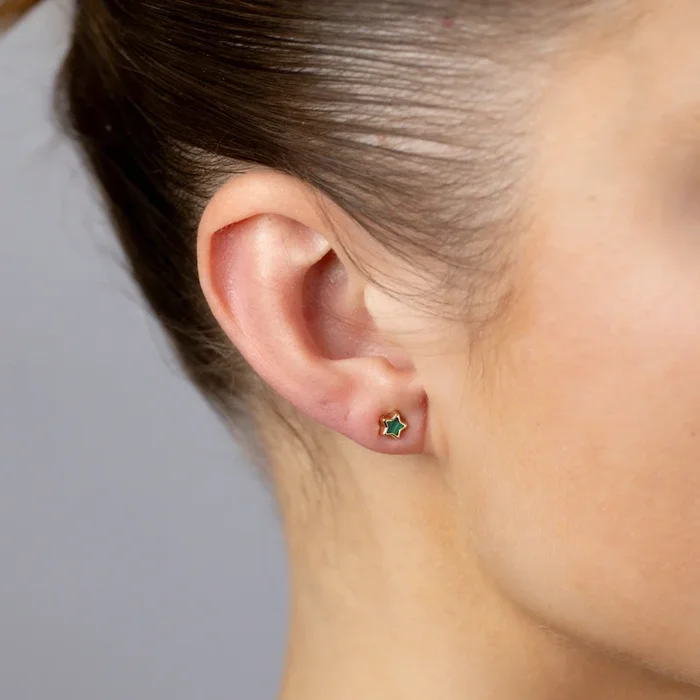 9ct Yellow Gold Green Enamel Mini Star Stud Earrings
