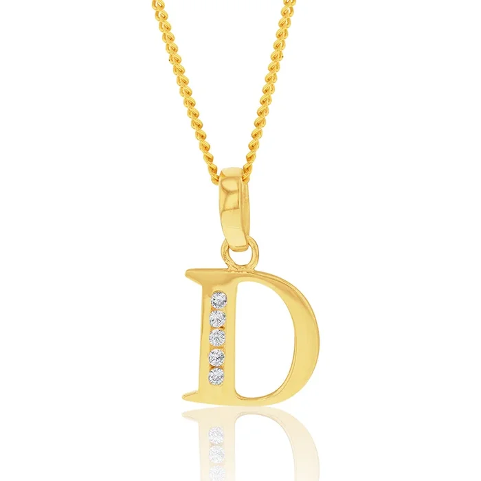 9ct Yellow Gold Inital D Zirconia Pendant