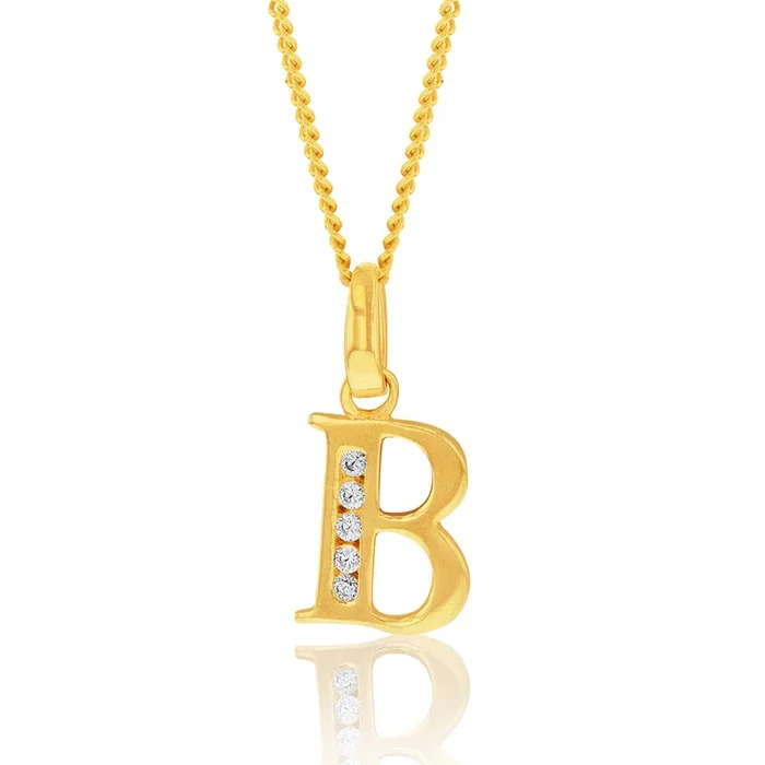 9ct Yellow Gold Initial B Zirconia Pendant