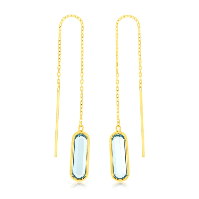 9ct Yellow Gold Natural Blue Topaz Threader Drop Earrings