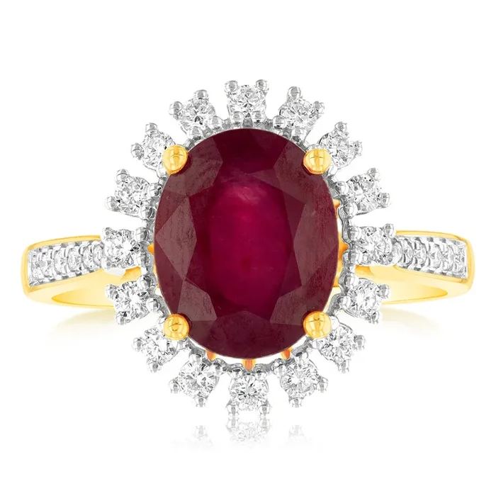 9ct Yellow Gold natural Enhanced 3 Carat Ruby Ring with 1/3 Carat of Diamonds