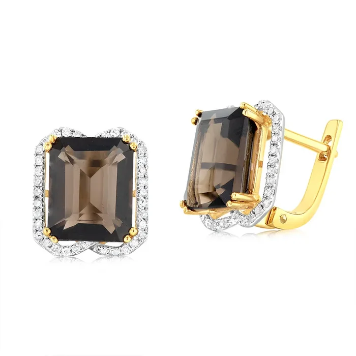 9ct Yellow Gold Natural Smokey Quartz And Diamond Fancy Earrings