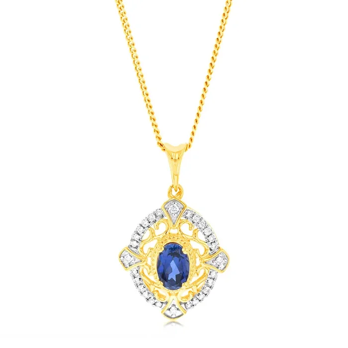 9ct Yellow Gold Oval Created Sapphire And Diamond Pendant