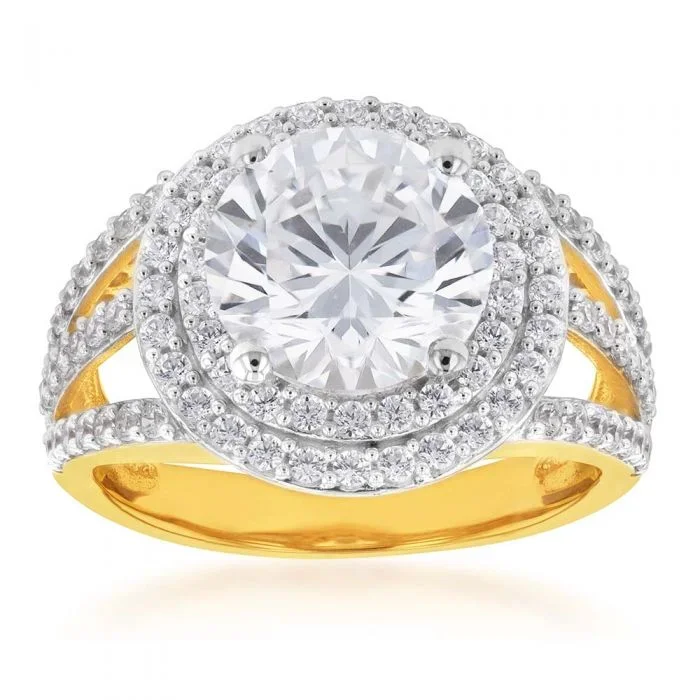 9ct Yellow Gold Round Double Halo Zirconia Split Band Ring