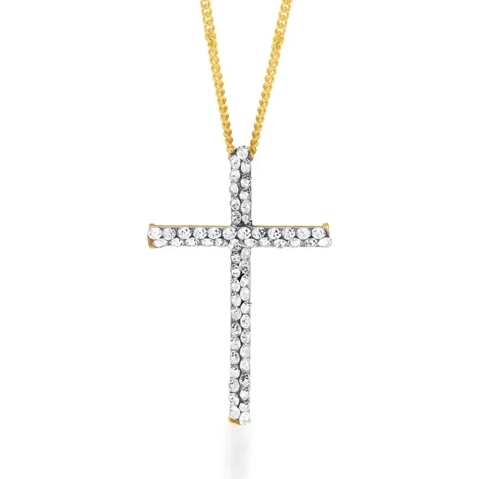9ct Yellow Gold Silver Filled Cross with Crystals Stud Pendant