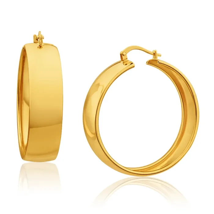 9ct Yellow Gold Silver Filled Plain 9mm Wide 30mm Hoop Earrings