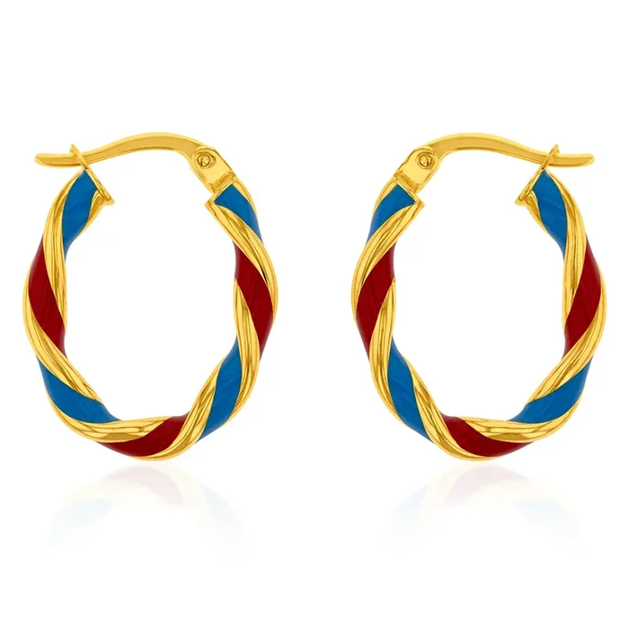 9ct Yellow Gold Silverfilled 15mm Red And Blue Enamel On Twisted Hoop Earrings