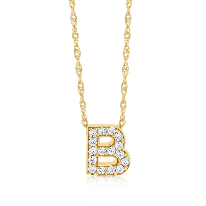 9ct Yellow Gold Silverfilled Cubic Zirconia Initial “B” Pendant On Chain
