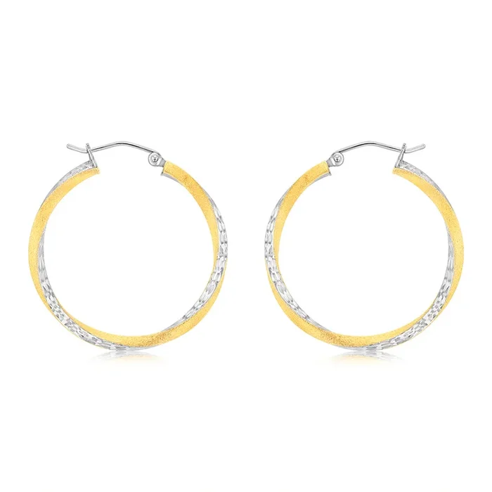 9ct Yellow Gold Silverfilled Diamond Cut Fancy Hoop Earrings