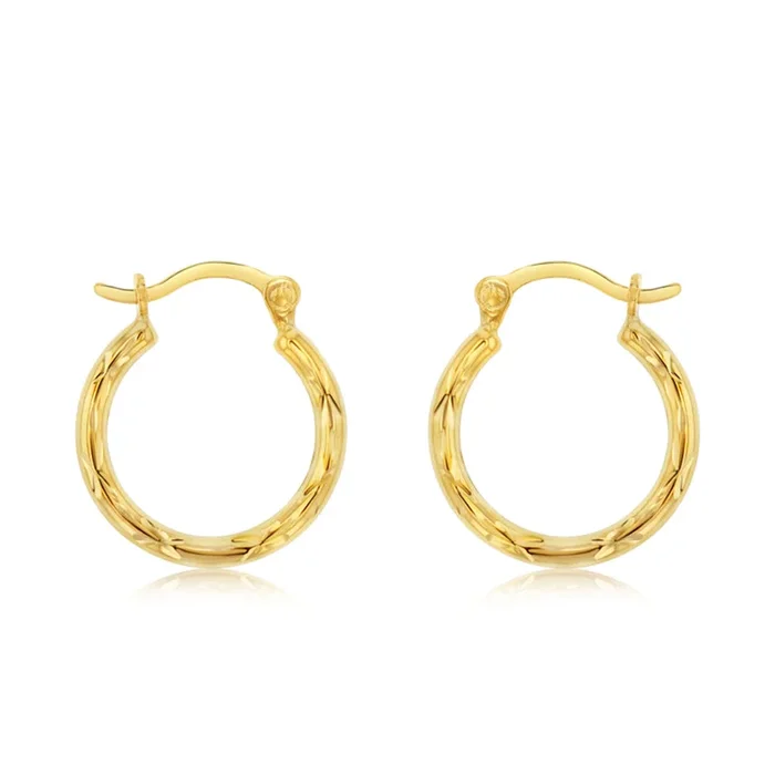 9ct Yellow Gold Silverfilled Superlight Diamond Cut Stamped Hoop Earrings