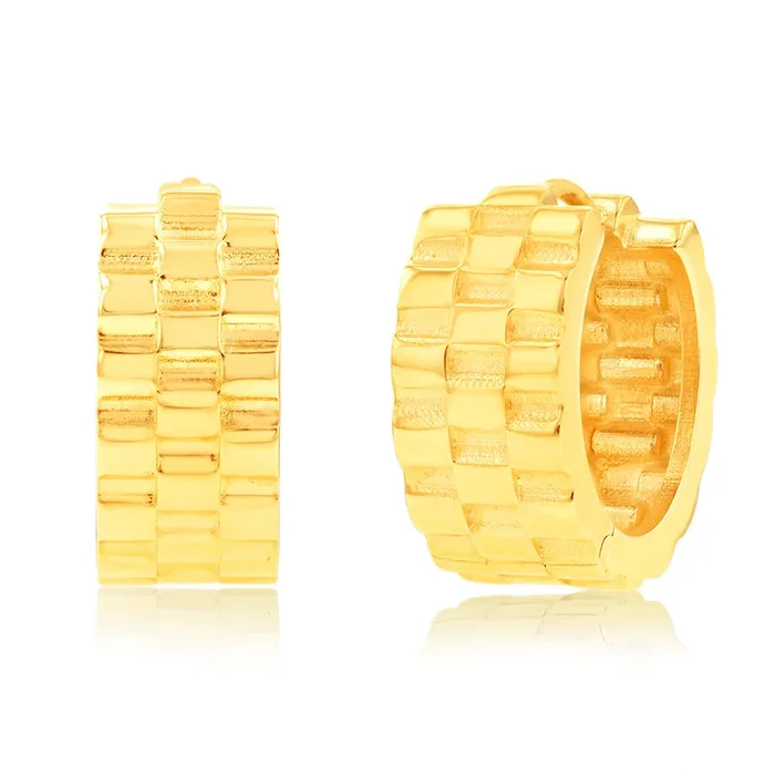 9ct Yellow Gold Textured Huggies Hoop Earrings