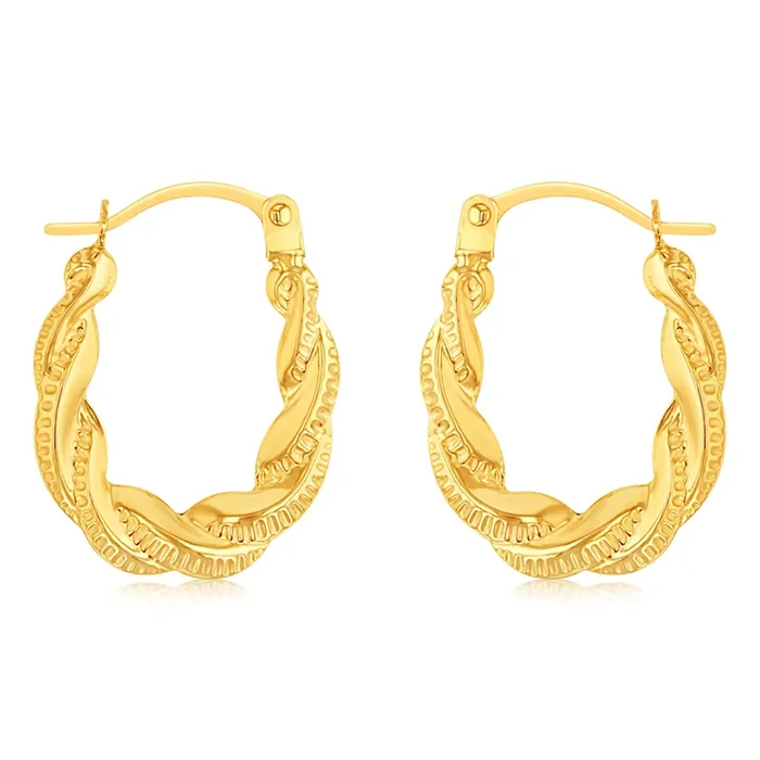 9ct Yellow Gold Textured Twisted Hoop Earrings