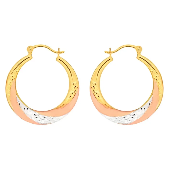 9ct Yellow Gold, White Gold & Rose Gold Swirl Creole Hoop Earrings