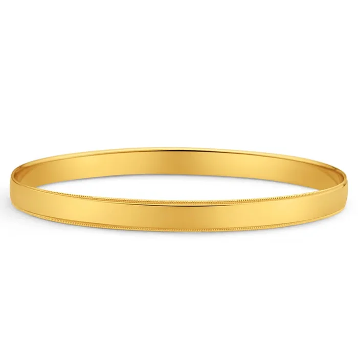 9ct Yellow Solid Gold 6mm x 65mm Edge Milgrain Engraved Bangle