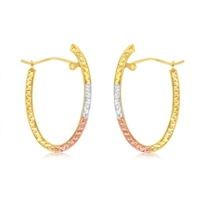 9ct Yellow White And Rose Gold Tricolor Silverfilled Diamond Cut Hoop Earrings
