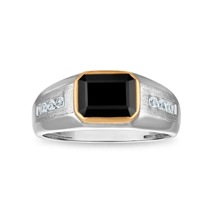 9X7MM Emerald Shape Onyx and White Sapphire Ring in Sterling Silver and 10K Yellow Gold