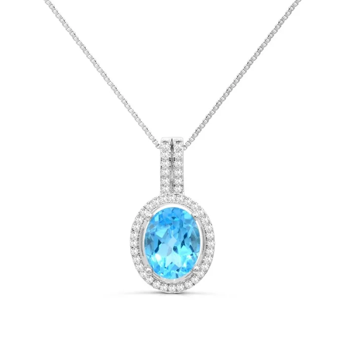 9X7MM Oval Blue Topaz and White Topaz Halo 18-inch Pendant in Sterling Silver