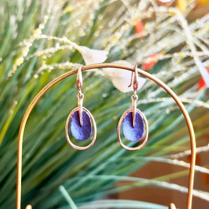 Abstract Double Oval Dangle Earrings, Boho Chic Dangle Drop Earrings, Unique Artsy Gift for Women, Rose Gold Statement Earring for Mom or Grandma