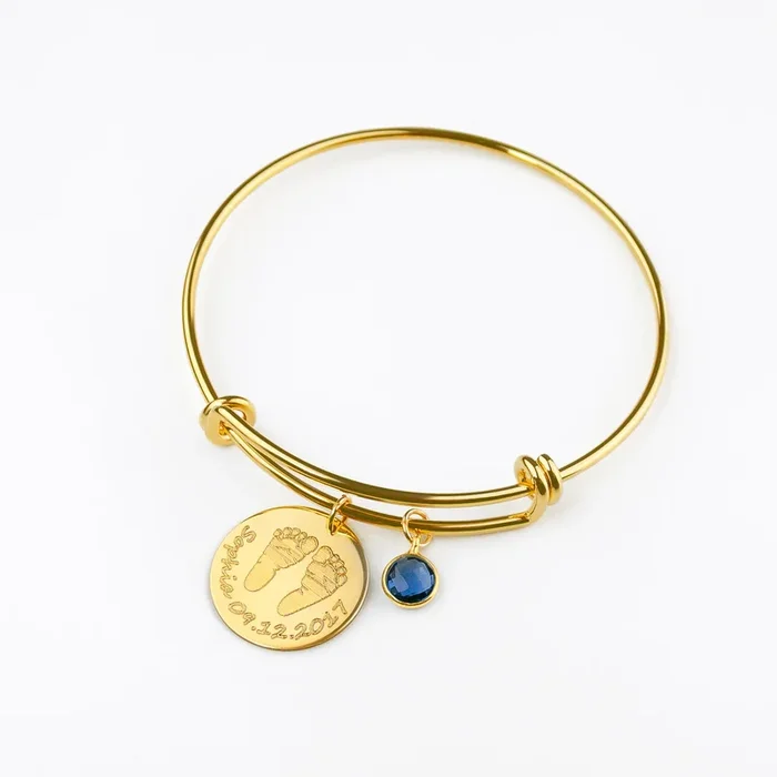Actual Child’s Footprint or Handprint Bangle Bracelet with Birthstone Charm, Personalized Name & Date Gift, Baby Shower, Mother’s Day Gift for New Mom