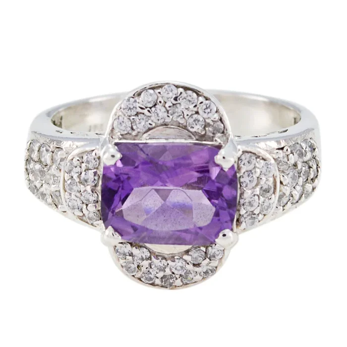 Amethyst Halo Indian 925 Silver Purple Gems Mid-weight Contemporary Ring Jewelry