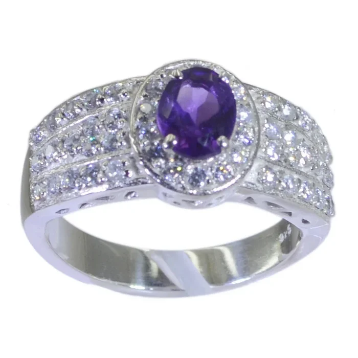 Amethyst Halo Indian 925 Sterling Silver Purple Gemstone Eye-catching Abstract Ring Jewellery
